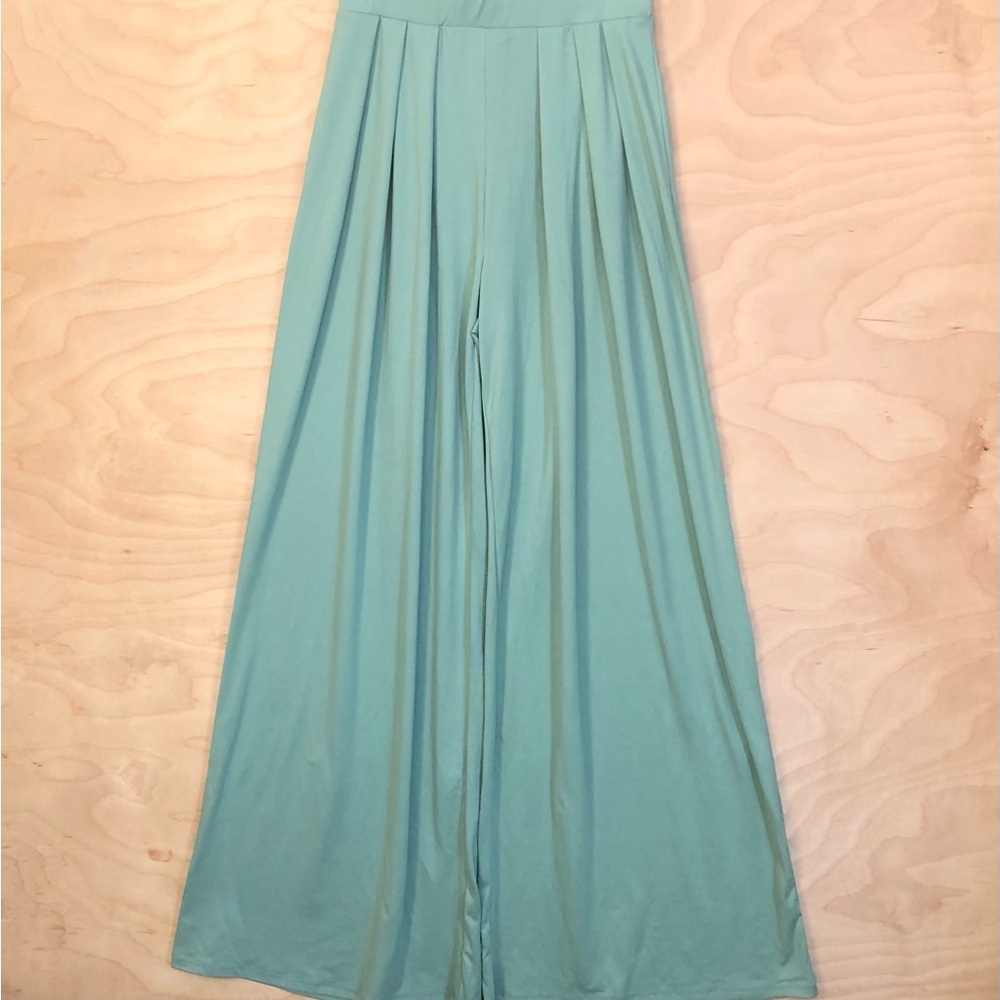 Wide Leg Pleated Pants - Seafoam Green Elastic Waist Small.